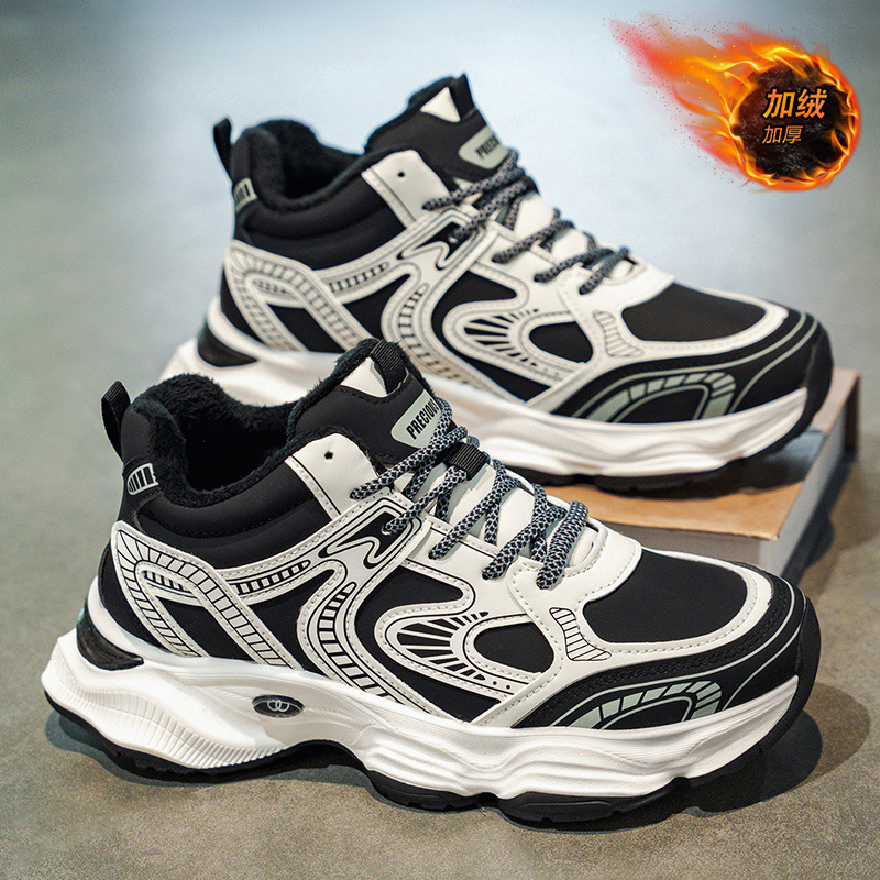 Winter Men's Shoes, Fleece-Lined High-Top Sneakers For Men, Trendy Versatile Thick-Soled Warm Cotton Casual Dad Shoes_vogvips.com