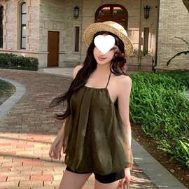 辣妹穿搭海边度假复古绿色网纱挂脖吊带连衣裙独特漂亮小裙子26夏