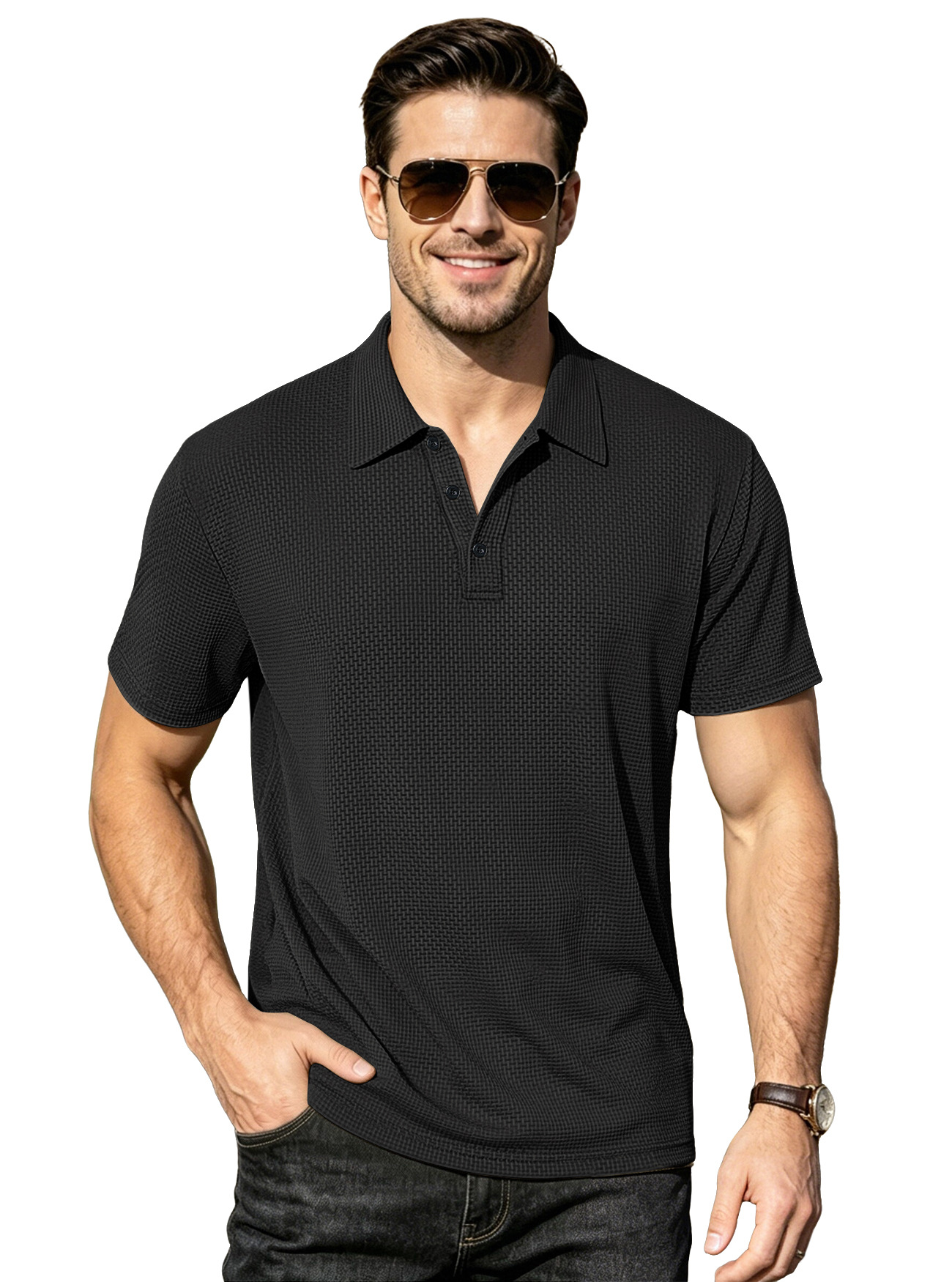 Transfronterizos europeos y americanos ebay verano hombre camiseta de seda de hielo transpirable delgada solapa de color sólido casual americano de manga corta grande