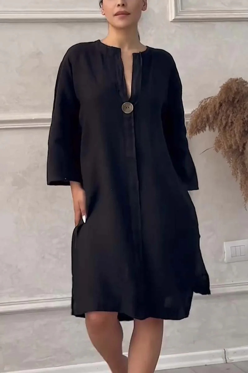 Women's Gender Wholesale Women's Casual Button Solid Color Holiday Round Neck 3/4 Length Sleeve Shirt Dress