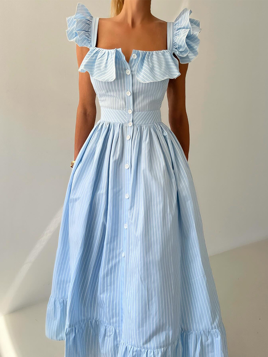 Women's Clothing Striped Dress Button Down Cardigan Waist Cinching Long Dress Summer New Style Flutter Sleeve_ecoleips.com