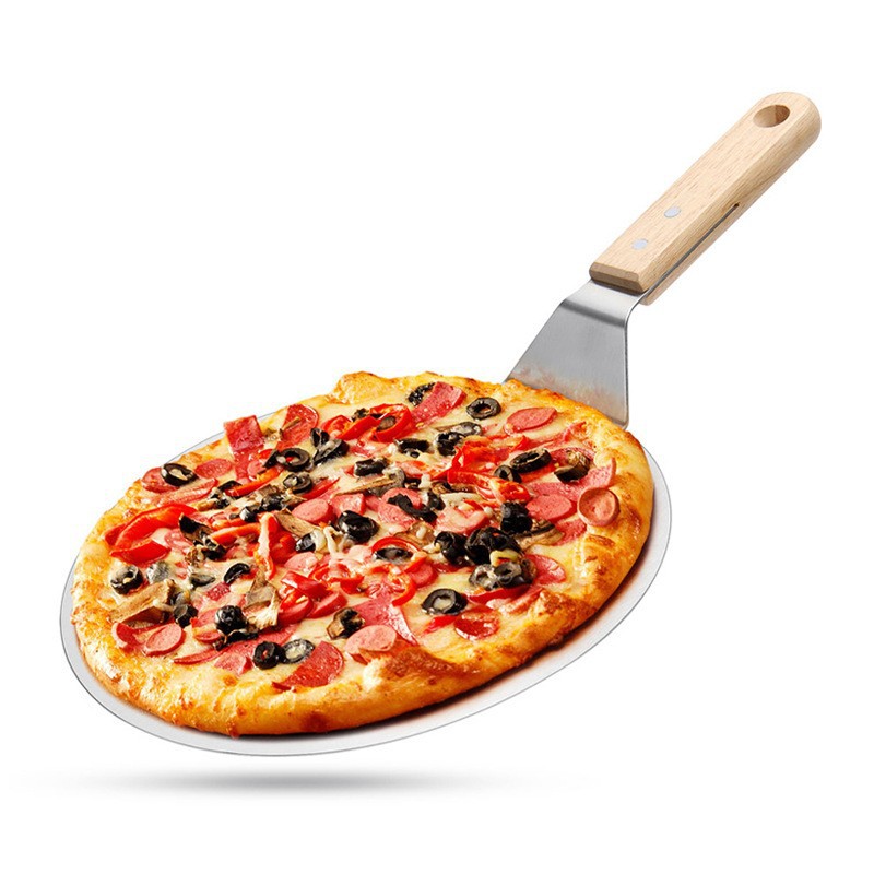 Fábrica directa de 10 pulgadas de acero inoxidable herramientas de cuchilla de pizza mango de madera gran pala redonda transferencia de pastel multifuncional image 1