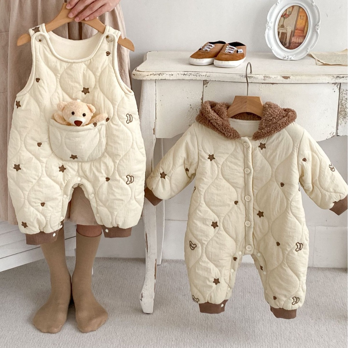 ins korean style baby winter clothes thick newborn jumpsuit outer wear super cute baby thick warm hooded romper