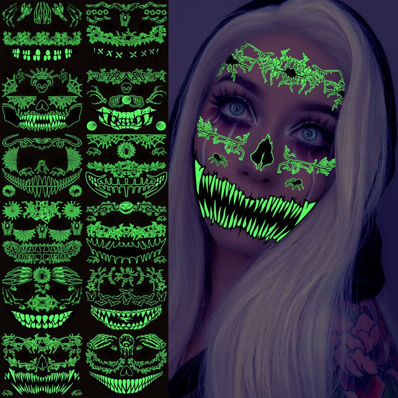European and American Hot Selling Funny Halloween Horror Mouth Luminous Tattoo Sticker Face Sticker Stereo Spider Scar Waterproof