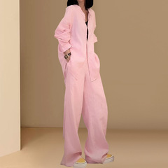 ピンクカジュアルファッションシャツスーツ女性のための 2025 春と秋の新しいシンプルな新しい中国風シャツワイドレッグパンツ 2 点セット