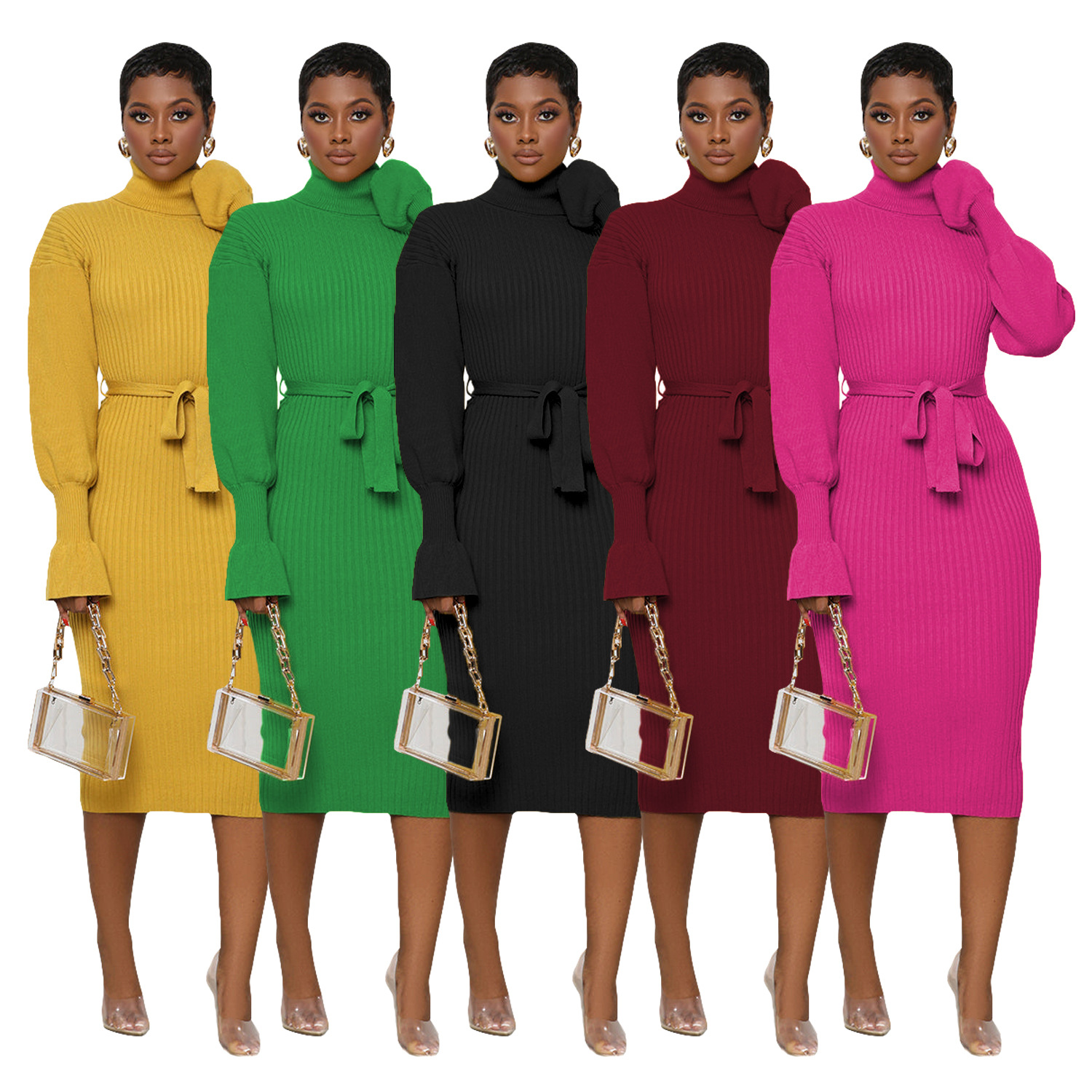 Women's Clothing solid color high collar knitted strap dress_voghion.com