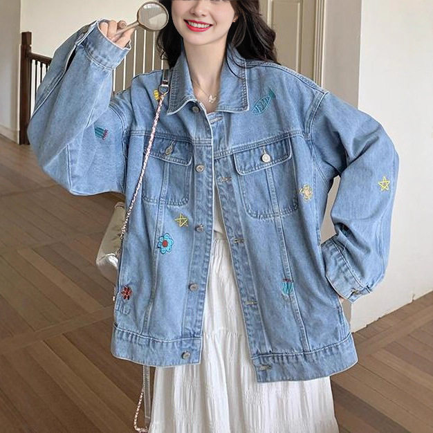 Áo khoác denim nữ thêu họa tiết, dáng suông, tay dài, cổ polo — màu xanh (chất lượng cao)
