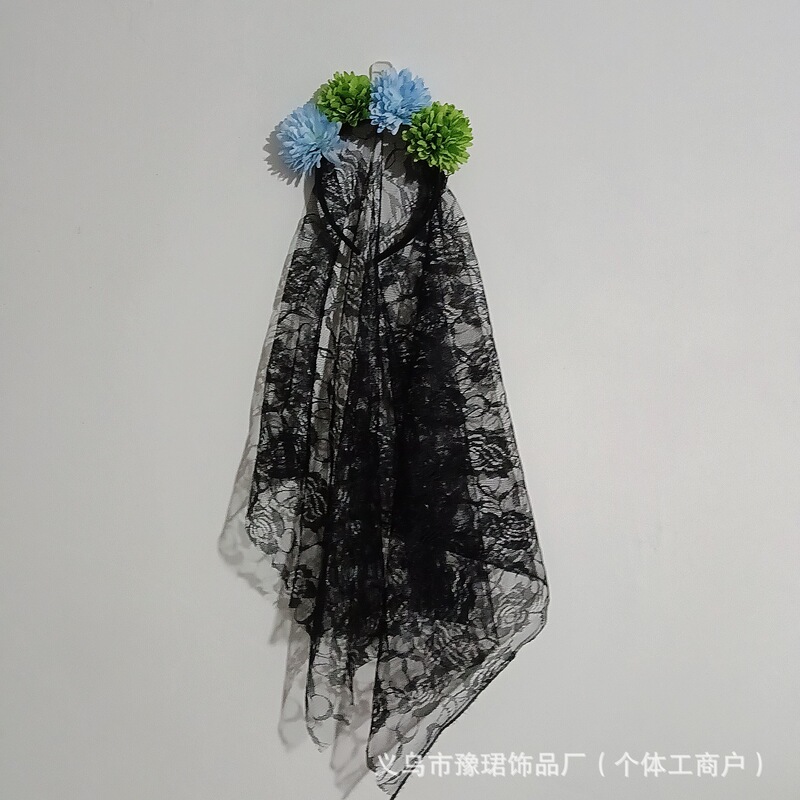 メキシコダークスタイル女性の花ベールヘアアクセサリーハロウィン模擬菊ヘッドバンド黒ガーゼショールヘッドバンド|undefined