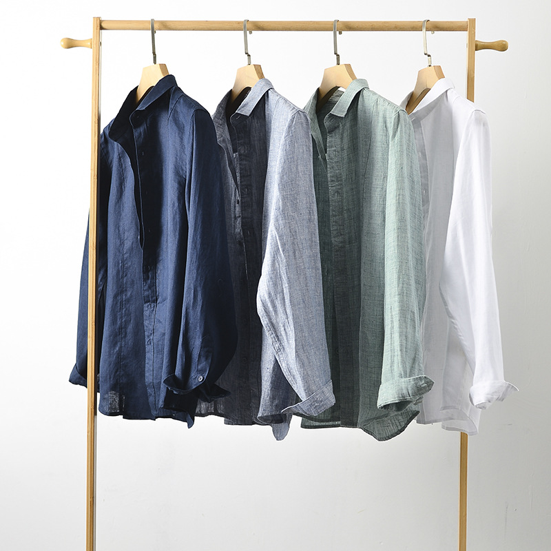 Camisa de Lino de Manga Larga para Hombre, Primavera 2025, Nueva, Holgada, Informal, con Cuello Camisero, Color Sólido, E008