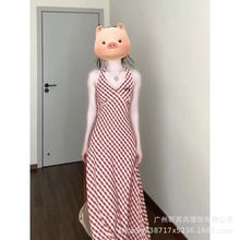 韩版纯欲风格纹吊带裙套装女夏季辣妹设计感挂脖长裙外穿防晒开衫