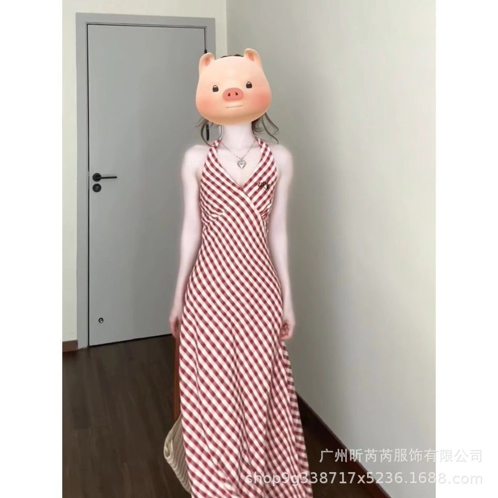 韩版纯欲风格纹吊带裙套装女夏季辣妹设计感挂脖长裙外穿防晒开衫