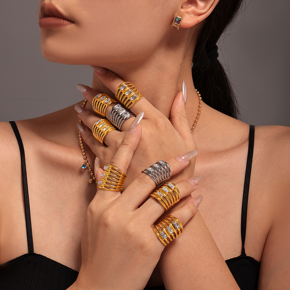 Square Sugar Multi Layer Square Zircon Exaggerated Ring Women's Fashion Hollow Out Versatile Stainless Steel Non Fading Finger Ring_voghion.com
