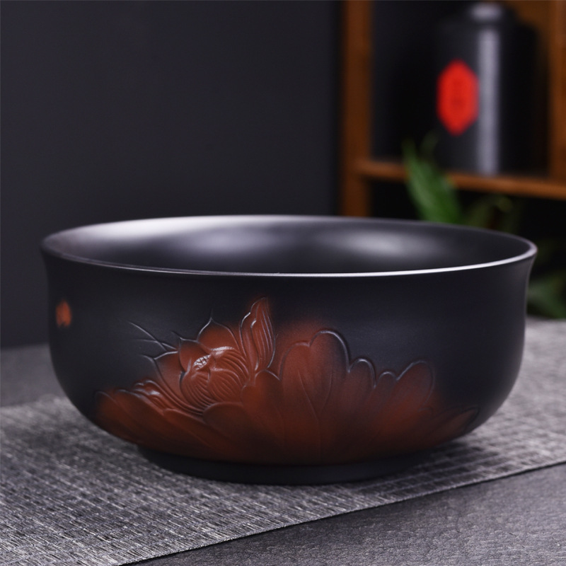 紫陶茶洗水盂禅意建水复古陶瓷黑陶紫砂大容量家用手工雕刻茶渣缸