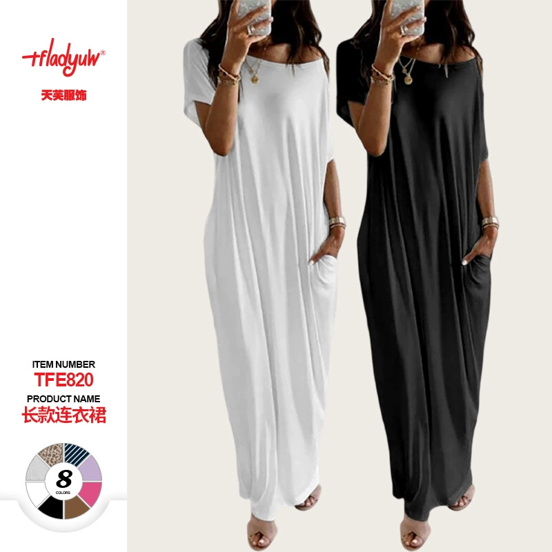 Летнее женское платье Amazon, популярное в Европе и Америке, однотонное, с коротким рукавом, длинное, повседневное.