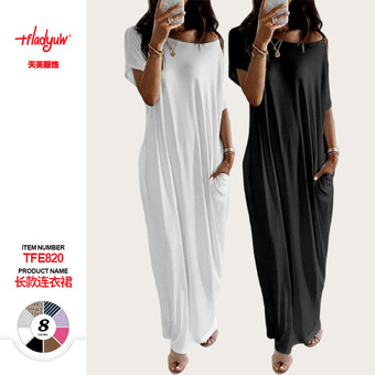 亚马逊欧美外贸跨境TK爆款夏季新款 女装纯色短袖长款休闲连衣裙