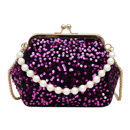 2024 Spring New Evening Bag with Glitter and Pearl Chain Shoulder Bag Women's Crossbody Bag Shell Bag