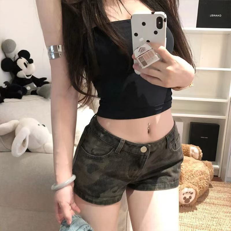 Petite Spicy Girl Low-Rise Camouflage Denim Shorts Women Summer Slim Fit Stretchy Hip-Hugging Straight Versatile Shorts