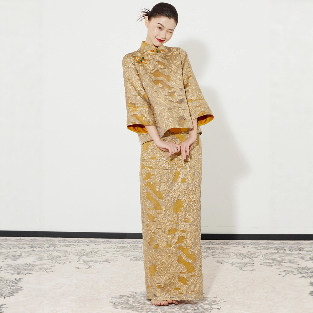 New Chinese Style Morning Dress for Female Brides, Morning Robe, Toast Dress, Light Luxury Niche Design, Golden Suit Dress