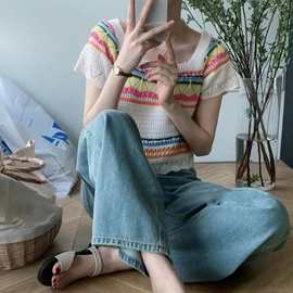 韩版设计感针织衫女短款冰丝T恤女2023夏季新款洋气短袖上衣女