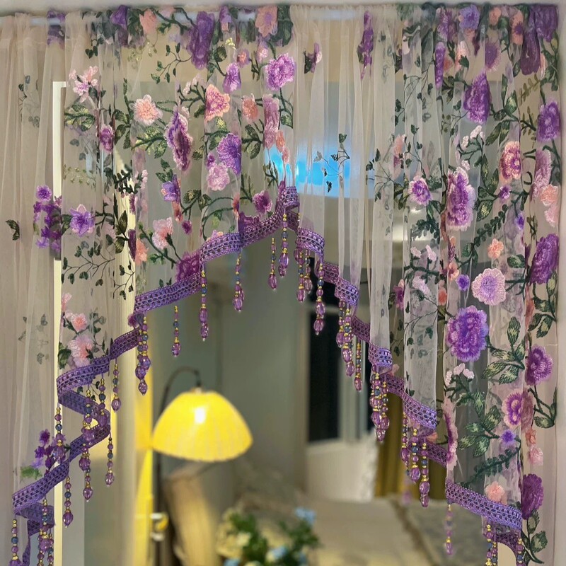 2025 New Bedroom Lace Cloth Curtain Punch-free Corridor Gauze Curtain Door-to-door Embroidered Ambience Half Curtain with Hanging Beads