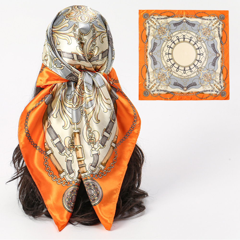 Dulce y fresco diseño 90 satinado bufanda cuadrada brillante y flexible elemento de cadena arte cuello tendencia bufanda de seda para mujer bufanda cuadrada