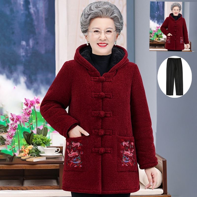 Xd奶奶冬装外套加绒加厚棉服中老年人棉衣女冬季妈妈中长款连帽唐