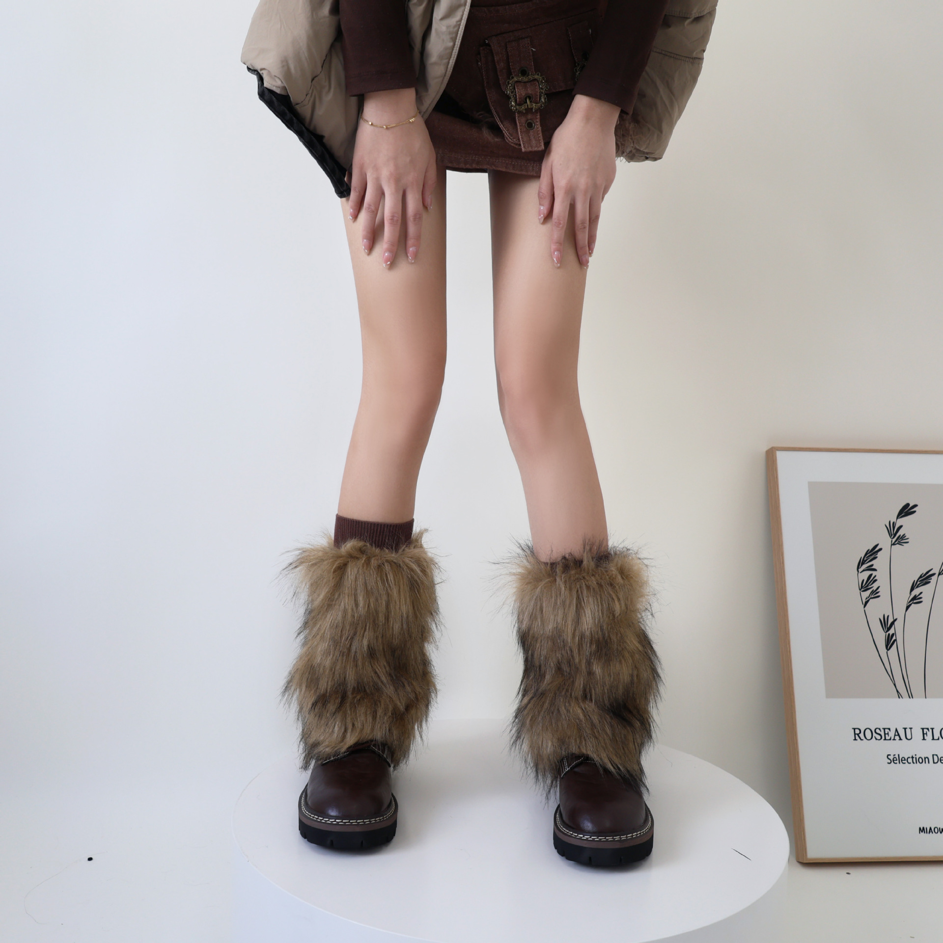 Vintage Modern style furry leg covers Brown vintage Spice socks Woolly boot socks keep warm and slim_voghion.com