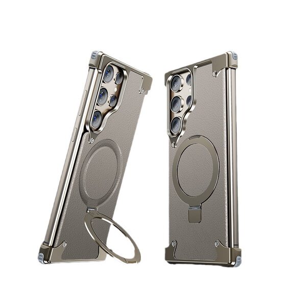 One shell for Samsung S24ultra metal borderless phone case S23 protective case leather magnetic bracket