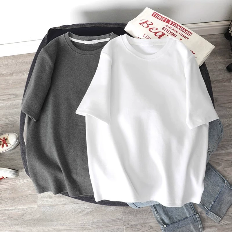 Летняя новая дизайнерская хлопковая футболка с короткими рукавами на правое плечо, женская однотонная свободная студенческая тонкая футболка с круглым вырезом и половиной рукавов