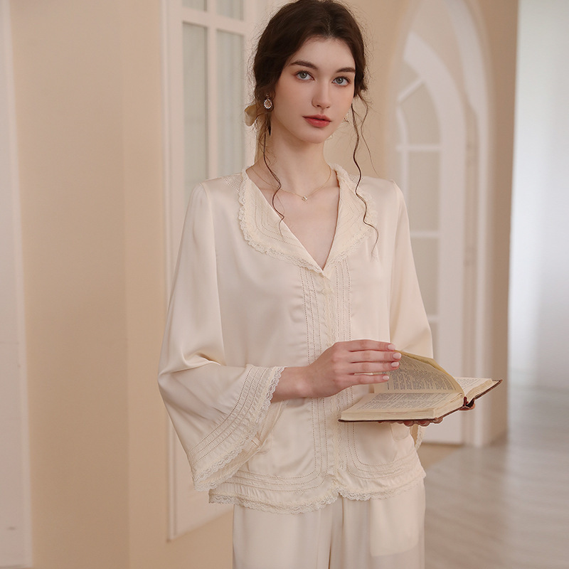 French-Style Lapel Shirt-Style Autumn Satin Long-Sleeve Long Pants Pajama Two-Piece Set for Women, Loose and Simple, Suitable for Wearing Outside
