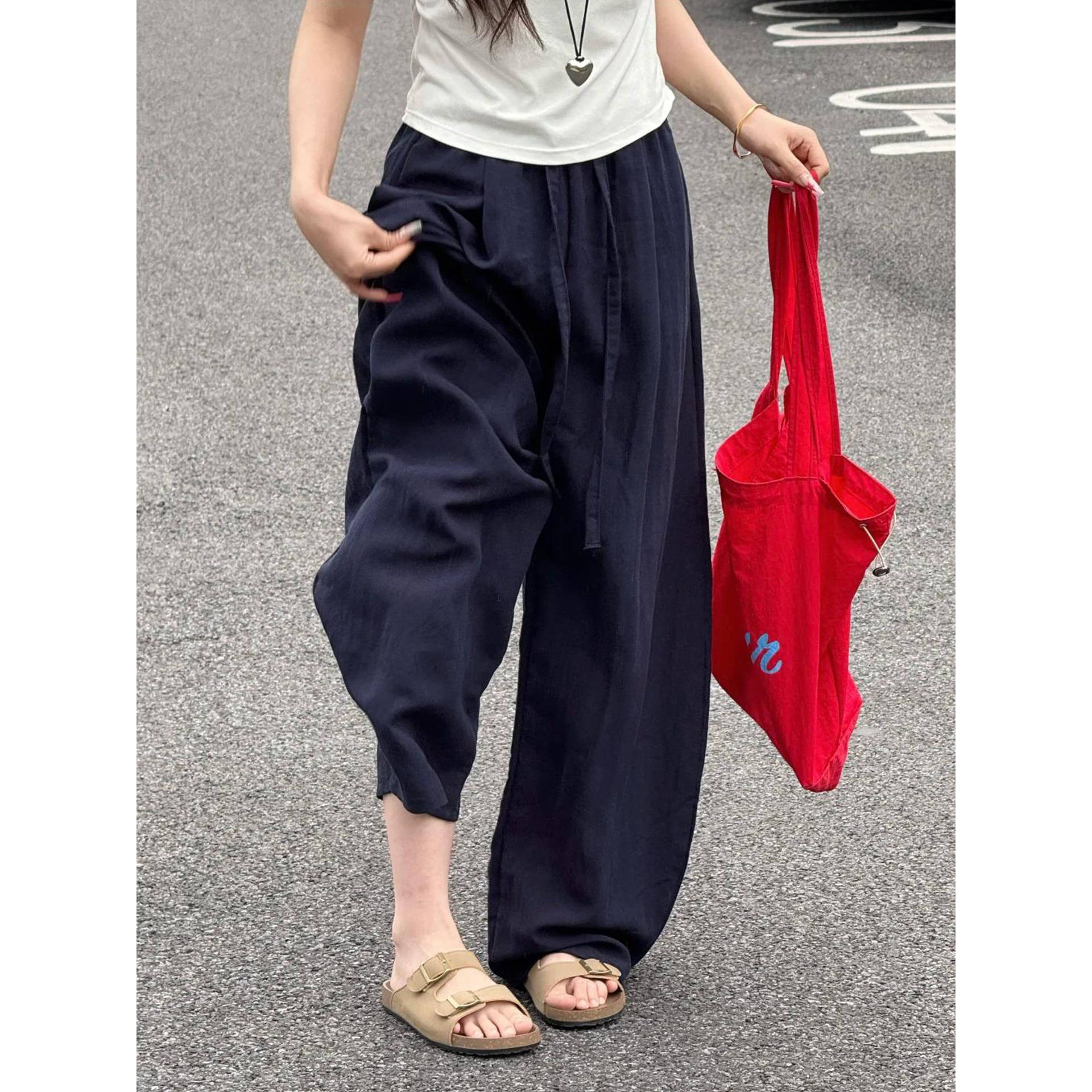 Loose High-Waisted Wide-Leg Casual Pants for Slightly Plus-Size Women, Summer 2026, Flattering and Slimming, Relaxed Fit, Floor-Length, Curved Hem Pants