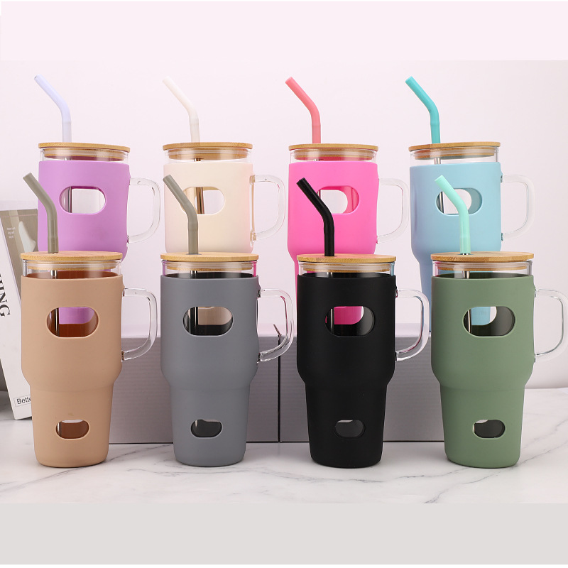 Paso-en 32oz taza de helado taza de paja de vidrio de comercio exterior cubierta de cuero taza de coche taza de café de gran capacidad taza de mango de coche