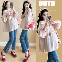 孕妇装秋装上衣2025新款韩版宽松百搭灯笼袖娃娃衫中长款时尚衬衣