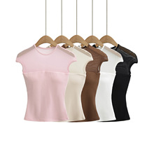 YPFF潮流女装辣妹风性感修身短袖上衣网纱拼接圆领短款纯色打底衫