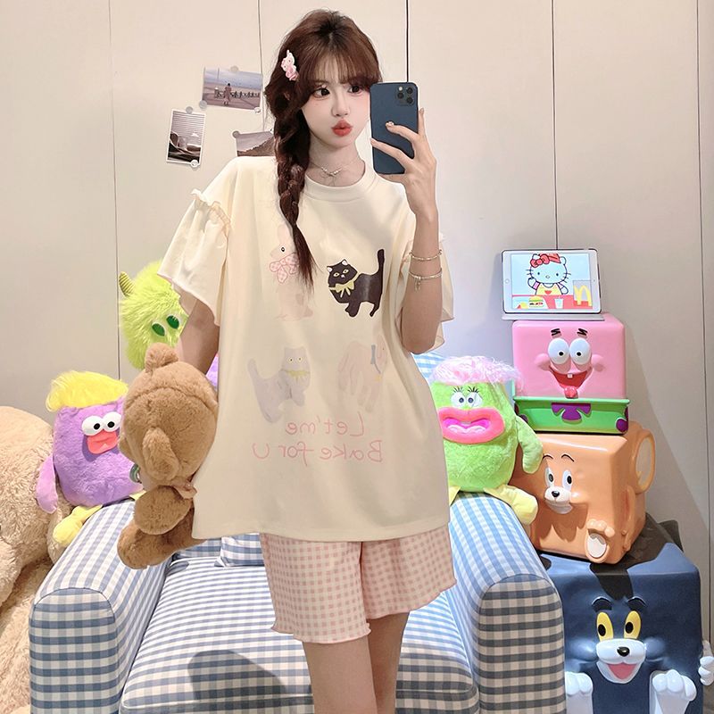Venta al por mayor transfronteriza nuevos pijamas mujeres verano imitación algodón jersey pantalones cortos de manga corta lindo cachorro traje de servicio a domicilio de dibujos animados