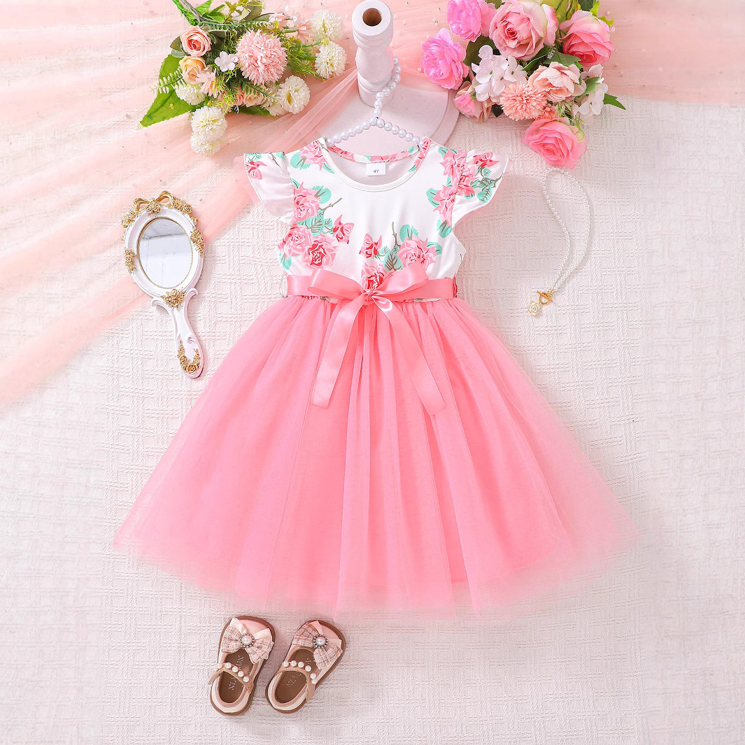 Girls' Dresses, Summer Children's Clothing, New Style, Medium and Large Children's Girls' Fashionable Mesh Flying Sleeve Princess Dress