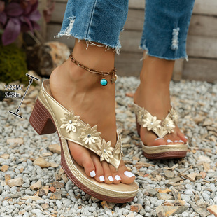 Foreign Trade Large Size 2025 Cross-Border Flip-Flops Flower Flip-Flops Large Size Casual Wedge Women's Sandals Flip-Flops Wholesale