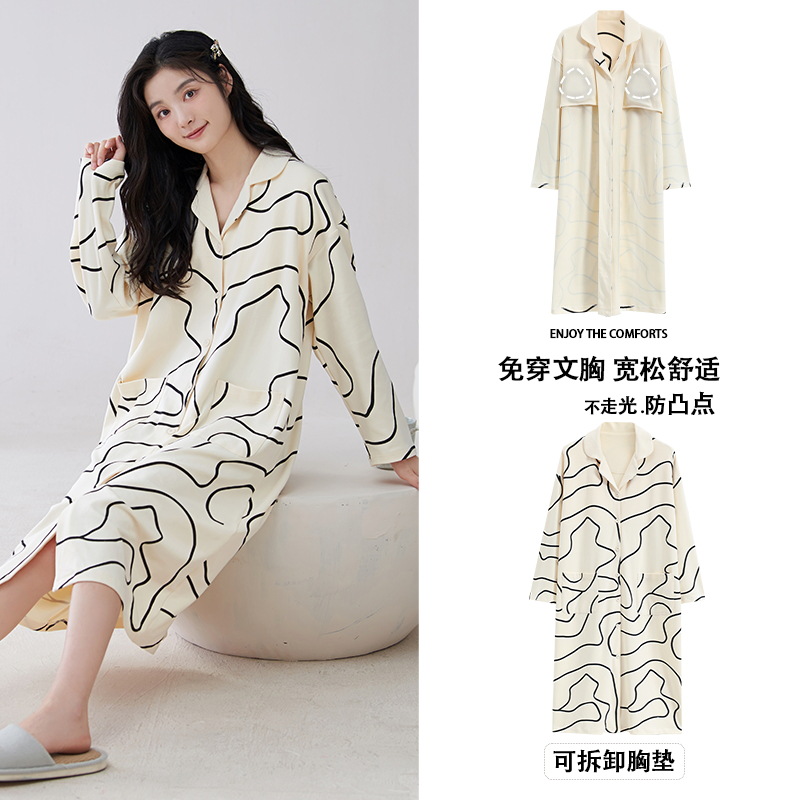 Camisa camisón Mujer con almohadilla en el pecho Primavera y otoño manga larga algodón estilo coreano cardigan otoño e invierno largo sexy ropa suelta para el hogar