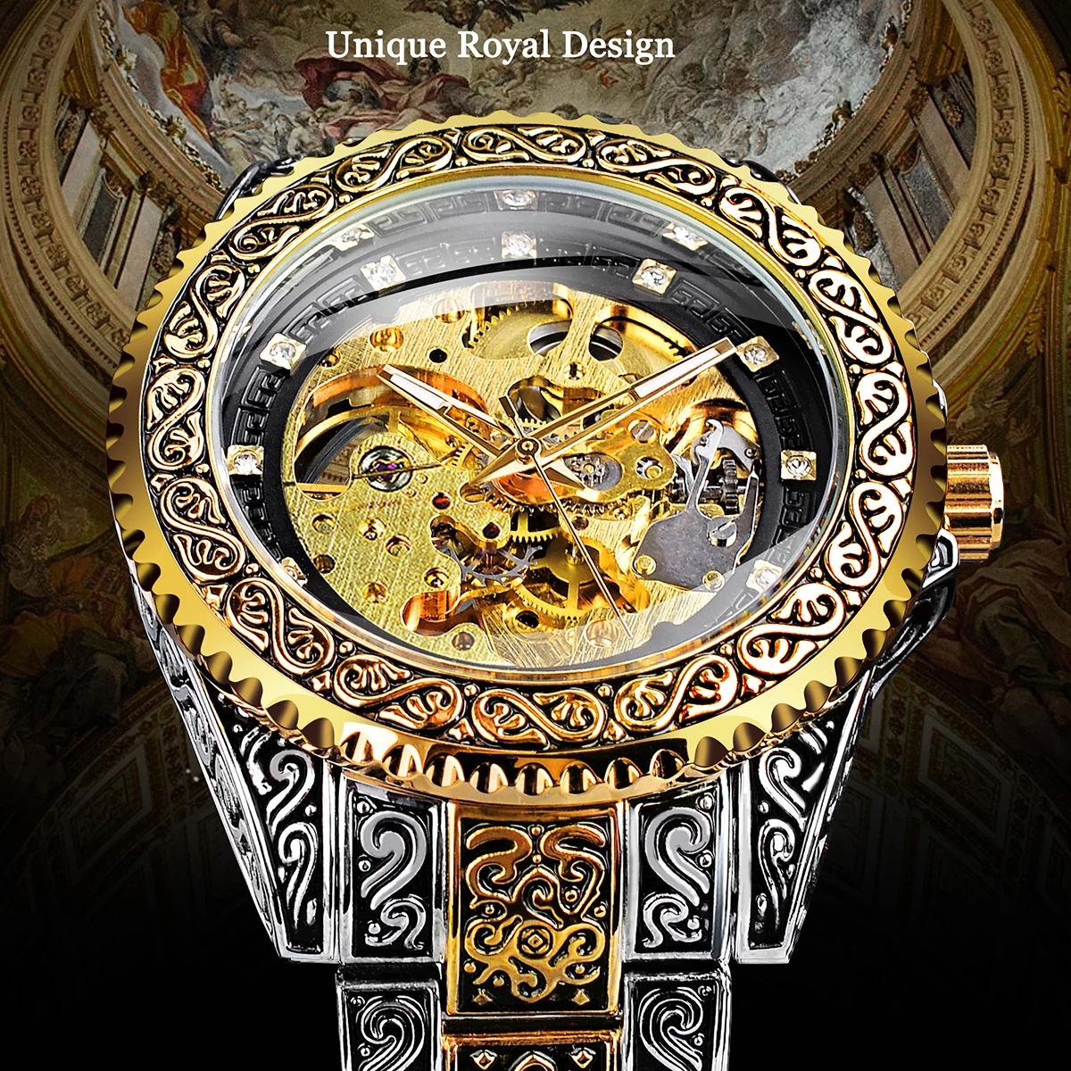 Reloj mecánico Forsining totalmente automático, reloj de hombre de oro tallado, modelo de hebilla de mariposa resistente al agua_voghion.com