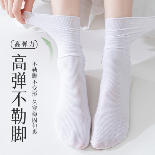 White Stack Stockings for Girls, Summer Thin Style, Unisex Summer Matchable Medium Calf Length Ice Ice Socks, Postpartum Socks, Dropshipping One Piece