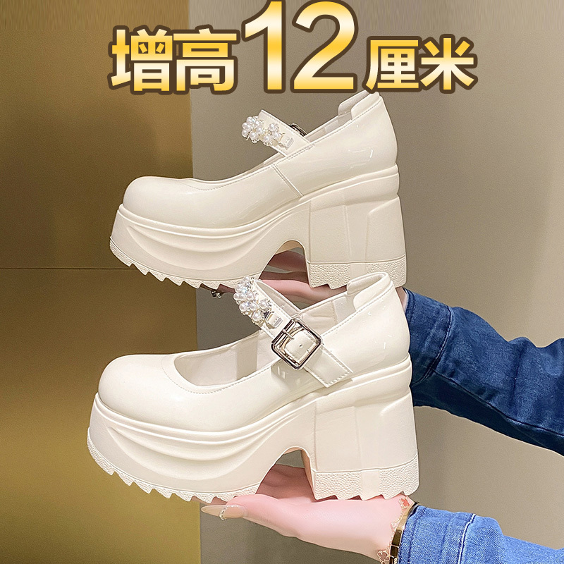 12cm Height-Increasing Wedding Shoes, Mary Jane High Heels for Petite Women, Thick Sole, Chunky Heel, Waterproof Platform, White Leather Shoes 12cm Height-Increasing Wedding Shoes, Mary Jane High Heels for Petite Women, Thick Sole, Chunky Heel, Waterproof Platform, White Leather Shoes