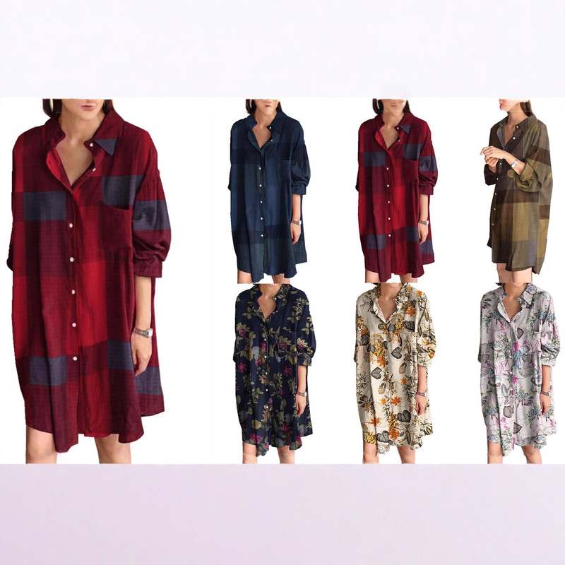 2025 Aliexpress Amazon Cardigan Long-Sleeve Turn-Down Collar Mid-Length Shirt Women's Plaid Workwear Elegant and Stylish