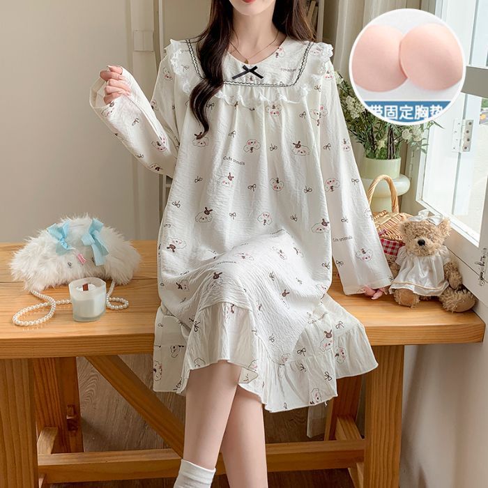 Pijamas transfronterizos de otoño de mujeres con cojín de pecho nubes de algodón pijama de manga larga princesa de viento de flores frágil ropa para el hogar se puede usar fuera