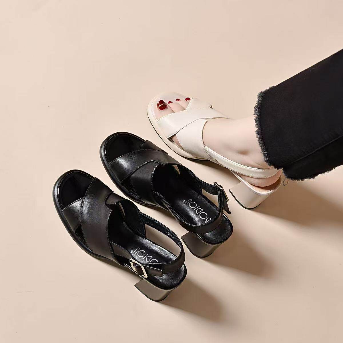 Sandal cao gót nữ mũi hở quai ngang đế platform da PU gót 5 cm — Màu trắng gạo - 5cm