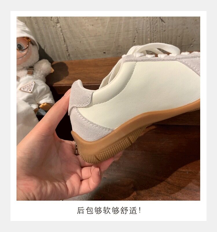 Giày sneaker nữ da bò phối màu mũi tròn dây buộc tăng chiều cao — Màu trắng nhạt, màu sô cô la, màu vàng, màu đen chi tiết 4