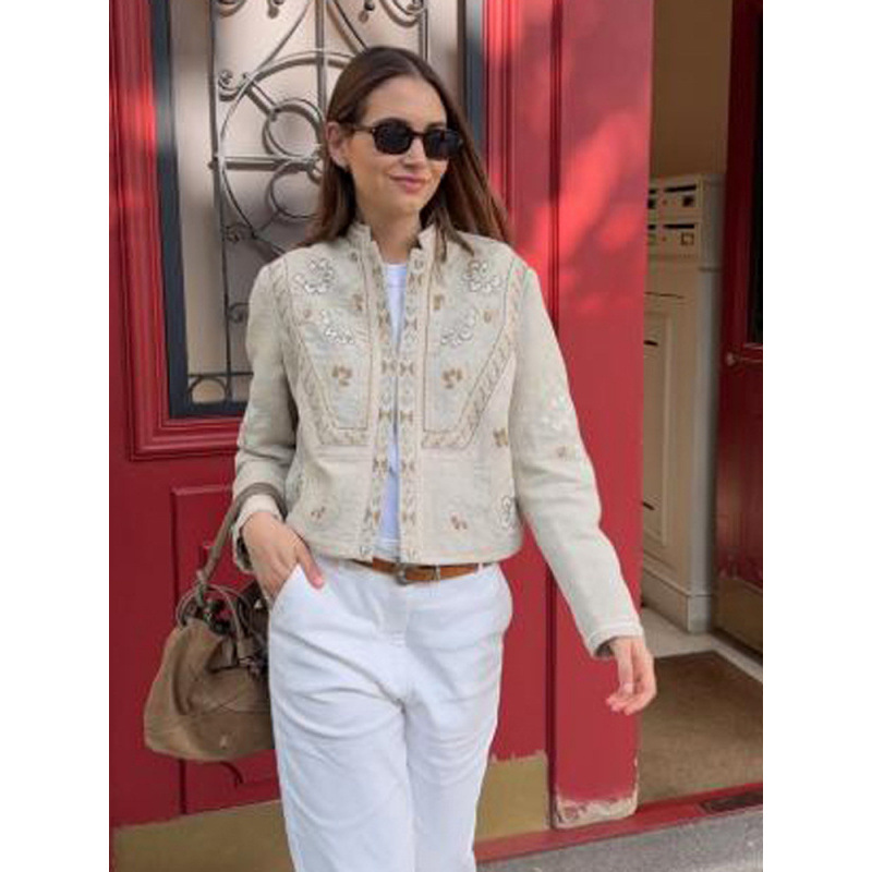 Retro estilo casual bordado impresión corto hombro pequeño abrigo de cuello vertical mujer 2026 nuevo estilo transfronterizo de Europa y América ventas calientes image 7
