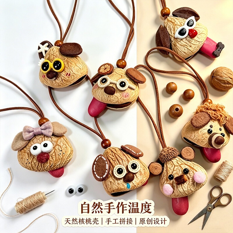 Cute puppy tongue-out bag charm made of pure natural fruit shells, healing sound therapy seeds, hand-woven car hanging decoration