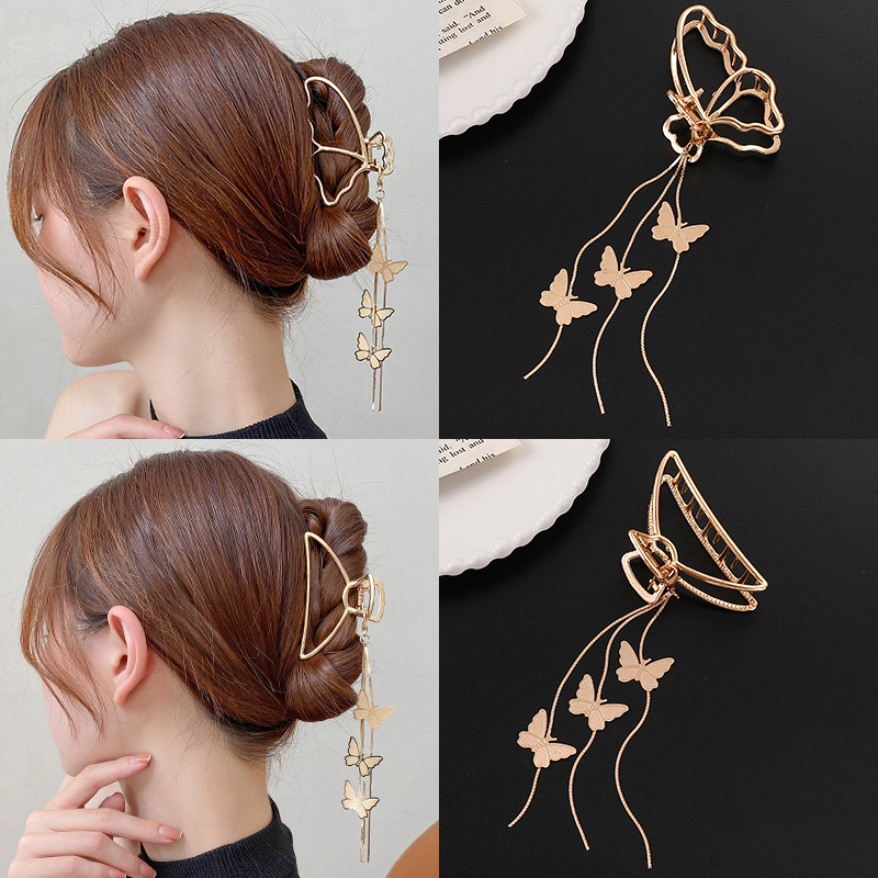 Butterfly Pendant Tassel Grab Clip Elegant Hairpin Internet Celebrity 2023 New Metal Hair Grab Shark Clip Headwear Women's Summer