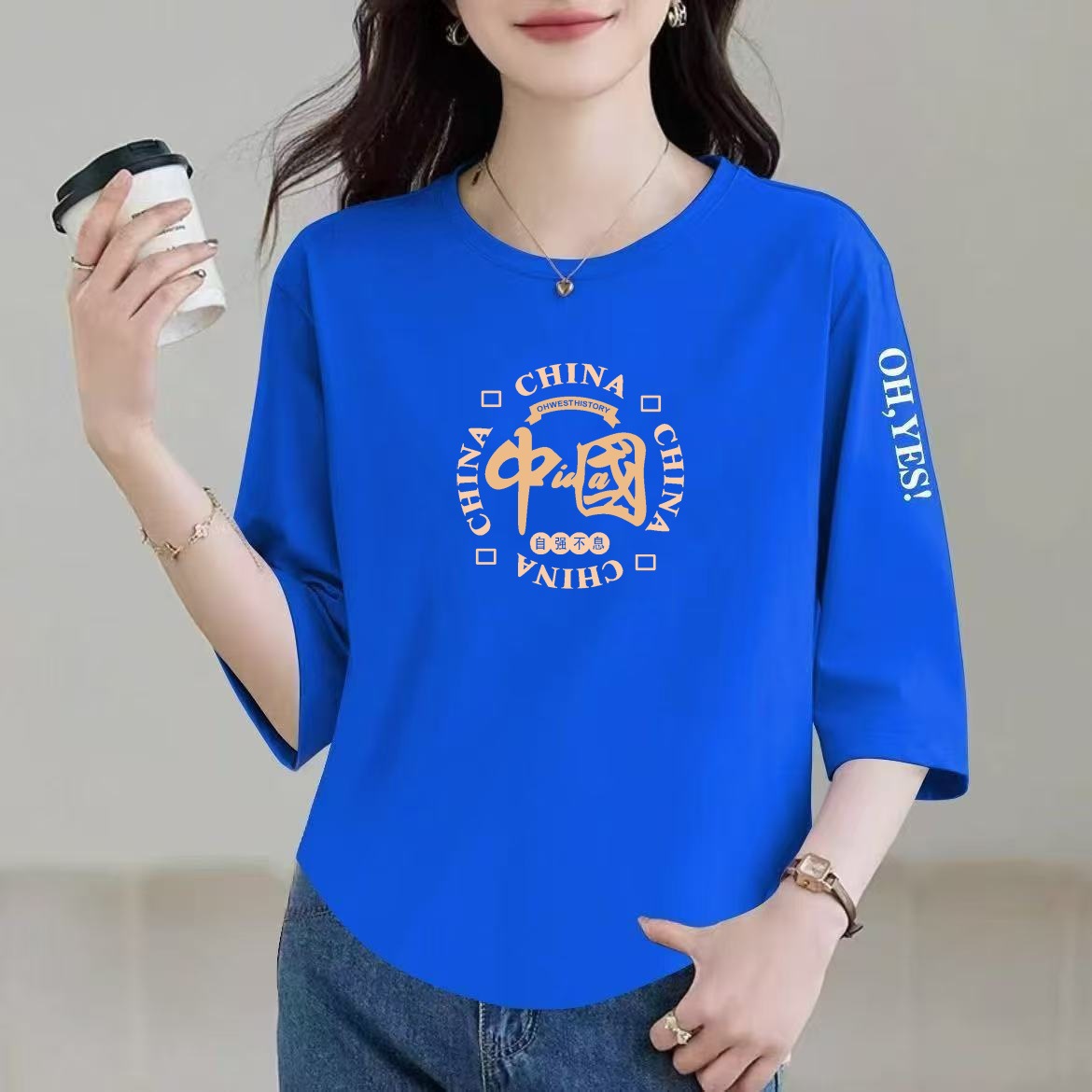 清仓捡漏外贸妈妈装减龄时尚国潮中国风七分袖短袖T恤女宽松上衣