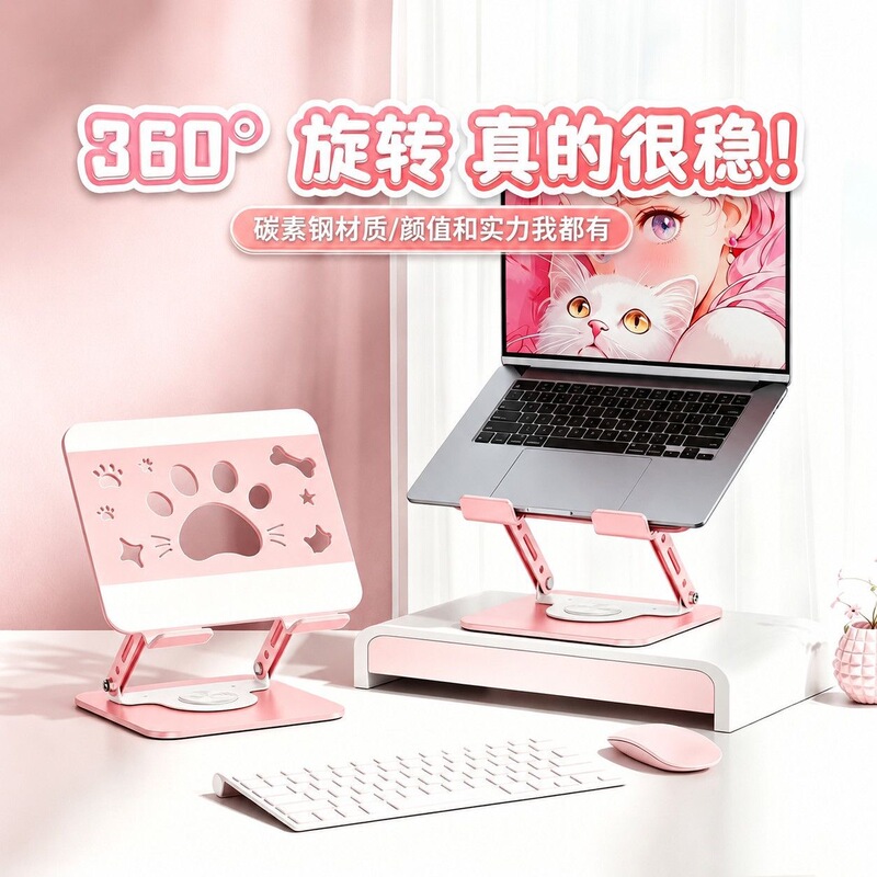 Cute Cat Paw Laptop Stand Tablet Support Stand 360-Degree Rotating Foldable Height-Adjustable Cooling Multi-Function